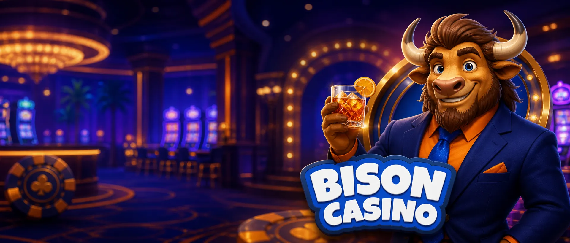 Stylized Bison Casino banner with cartoon bison mascot in blue jacket, orange shirt, holding a drink in a lively casino inter